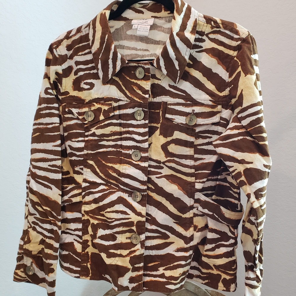 Just B Brown Zebra Animal Print Button Front Jacket L Linen Cotton Safari